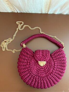 Handmade Crochet Round Crossbody Bag - Wine